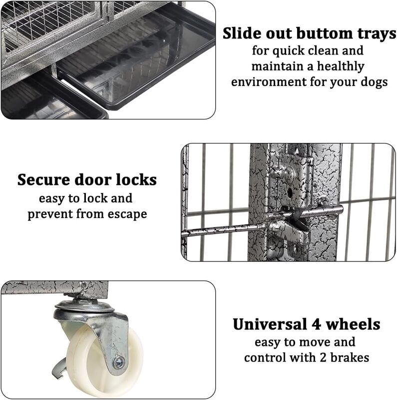 Large dog cage with metal frame, Durable and strong, Bottom tray and Moveable, Top cover design, Front door with feeding access, Indoor & Outdoor use, Suitable for small and medium dogs.